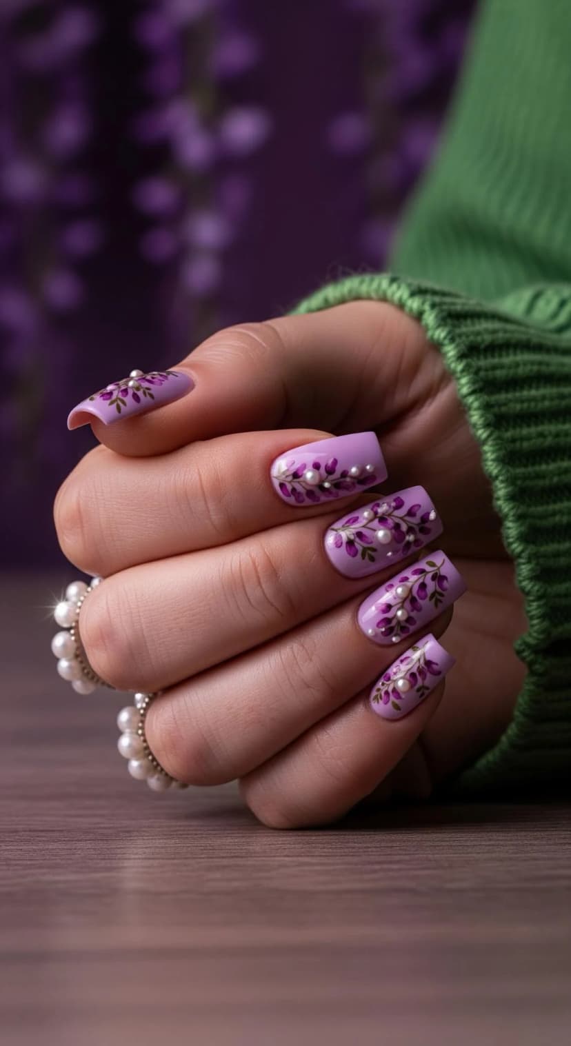 Lilac Floral Print Nails