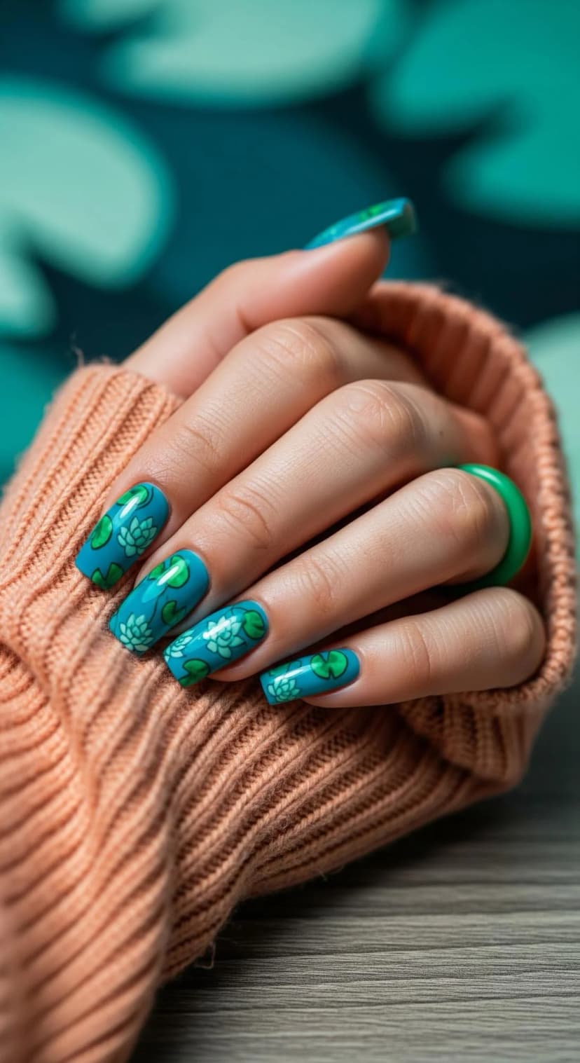 Teal Water Lily Nails
