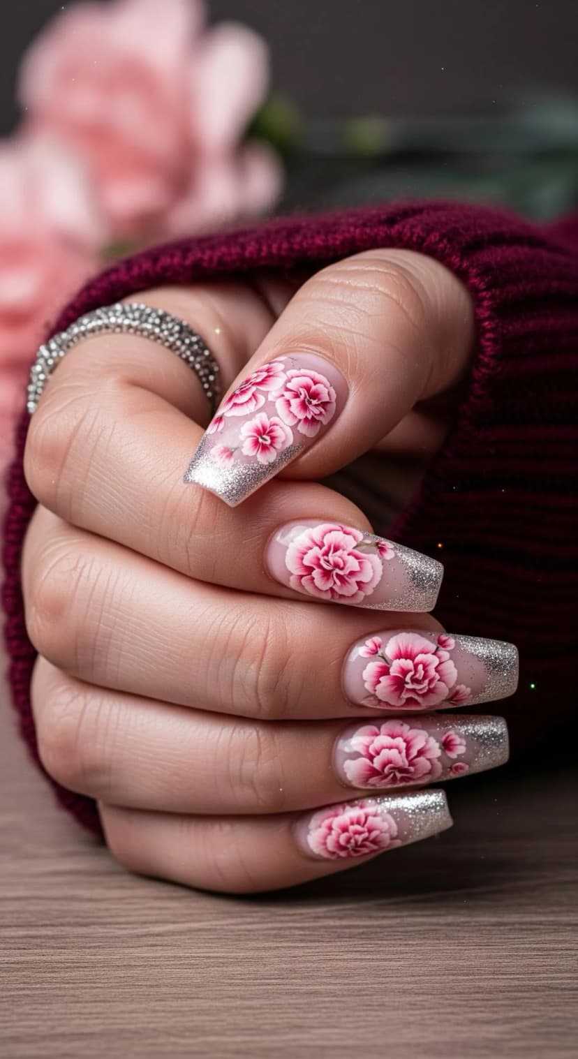 Clear Gel + Pink Peony Nail Art + Silver Glitter French Tip