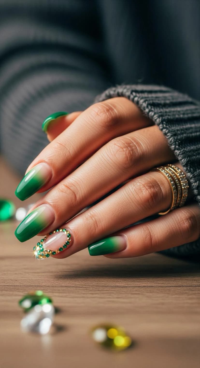 Green Ombre Coffin Nails + Gold Rhinestone Accent Nail