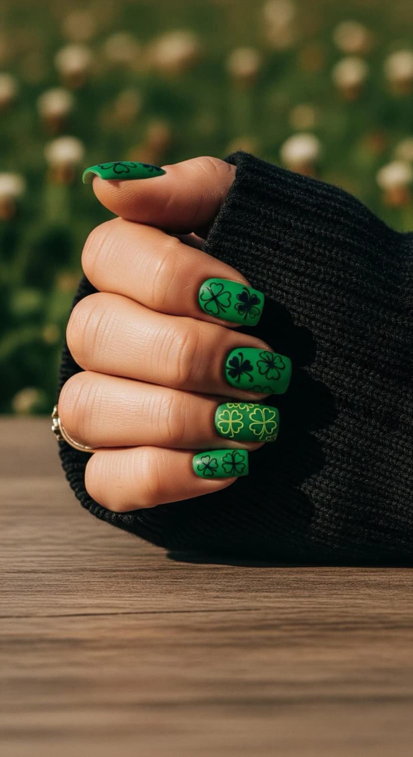 Green Matte Clover Press-Ons + Black Knit Sweater