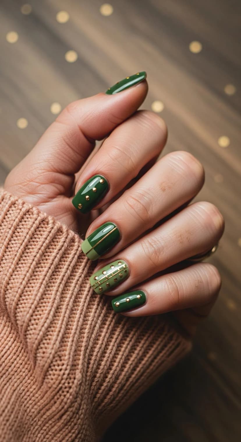 Forest Green Glossy Nails with Gold Embellishments + Sage Green Matte Nails with Gold Accents