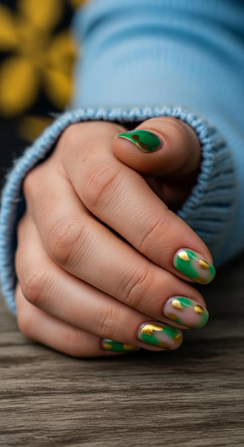 Green Swirl Nails + Gold Foil Accents