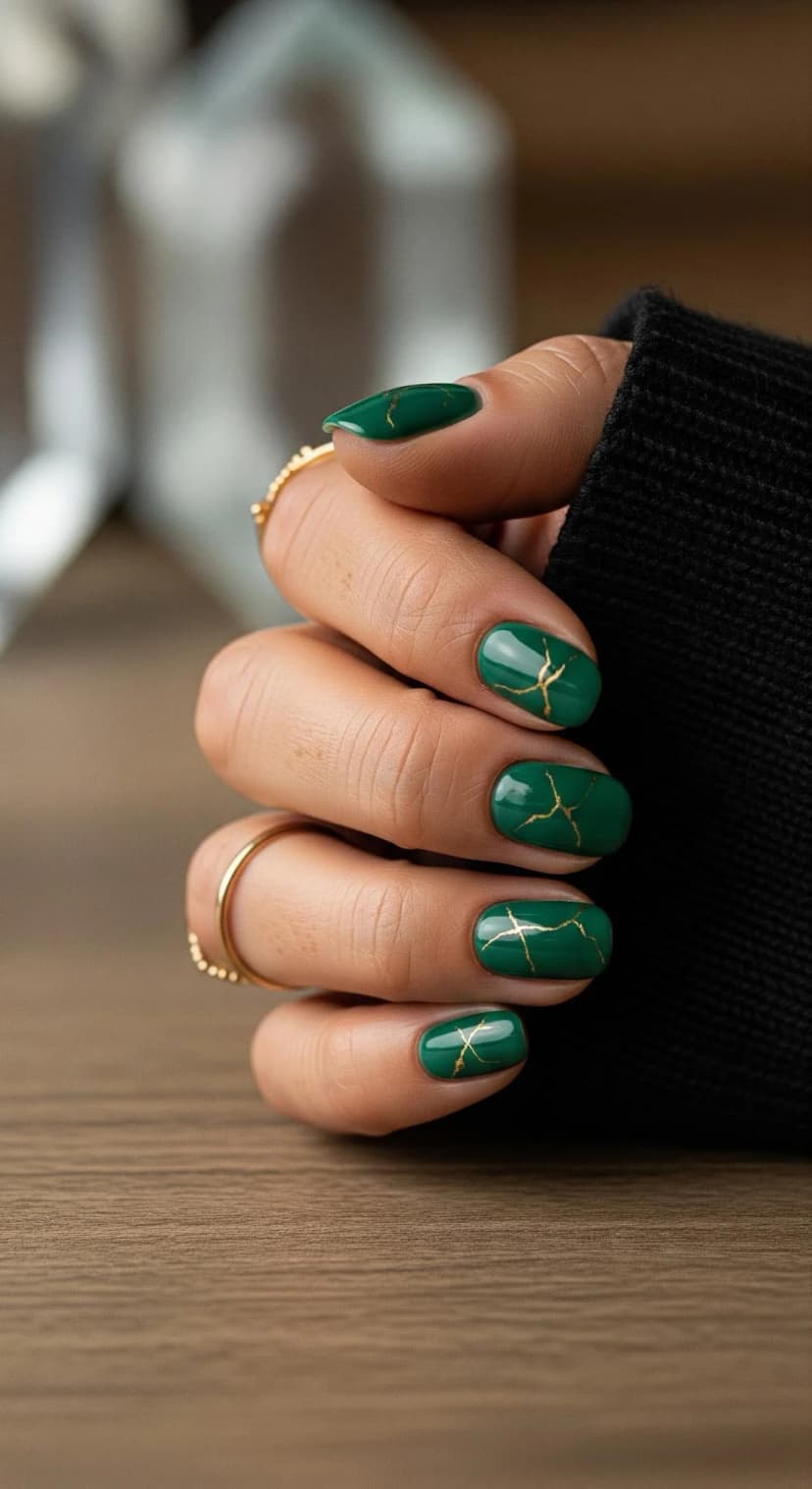 Emerald Green Marble Nails + Gold Accents