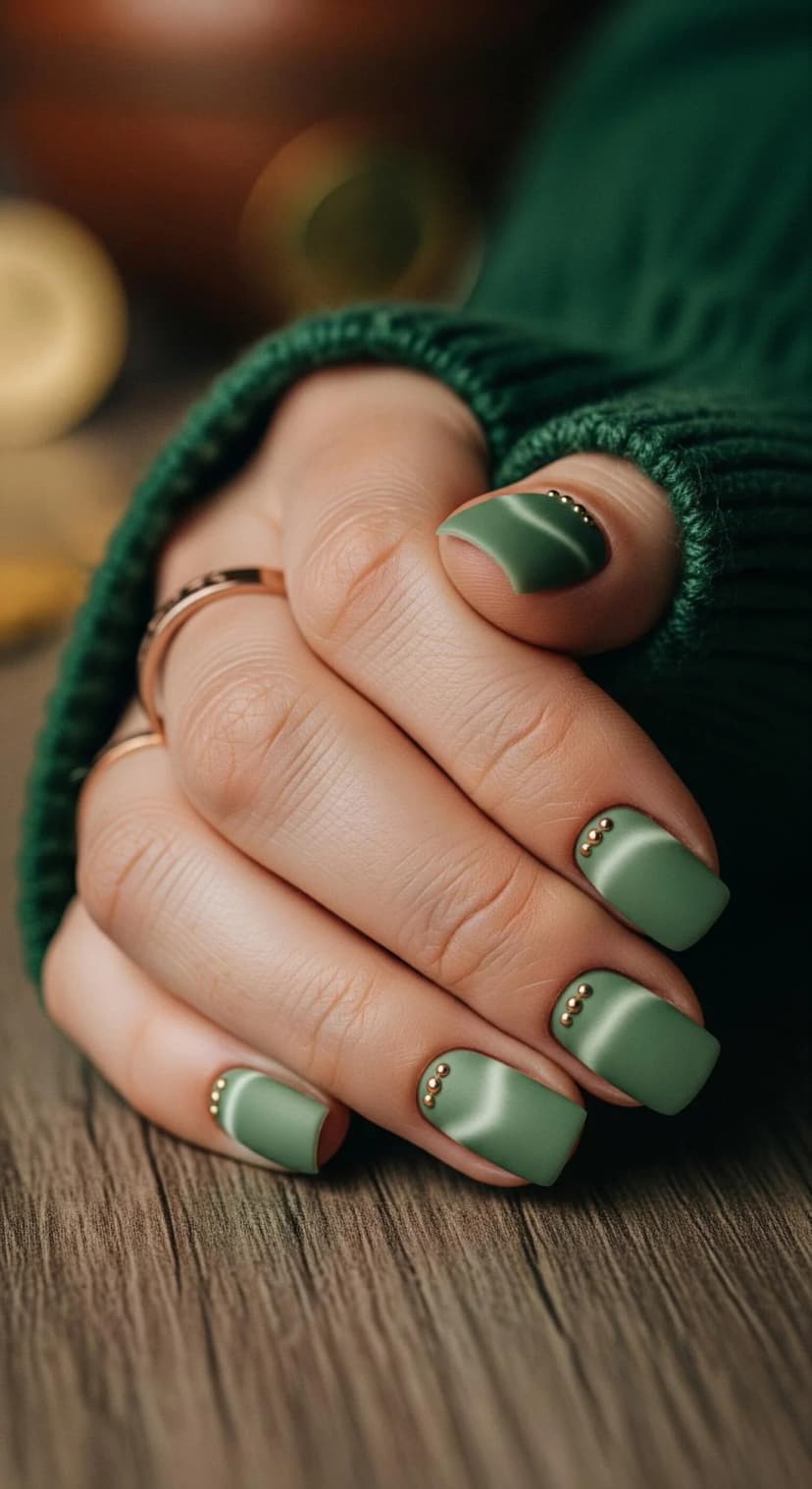 Sage Green Cat Eye Nails + Gold Studs