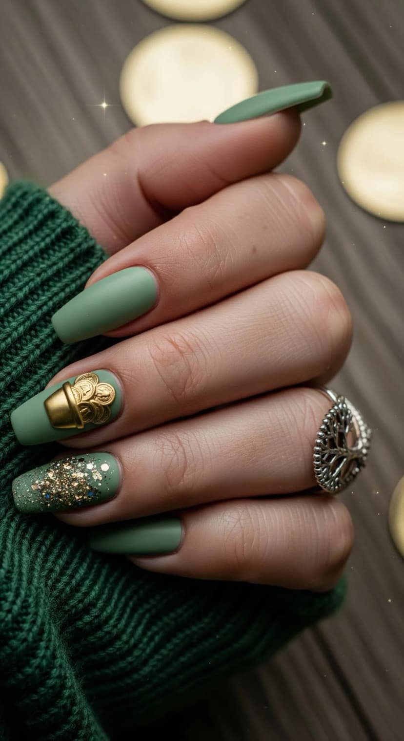 Sage Green Matte Nails + Gold Coin Pot Accent Nail + Gold Glitter Accent Nail