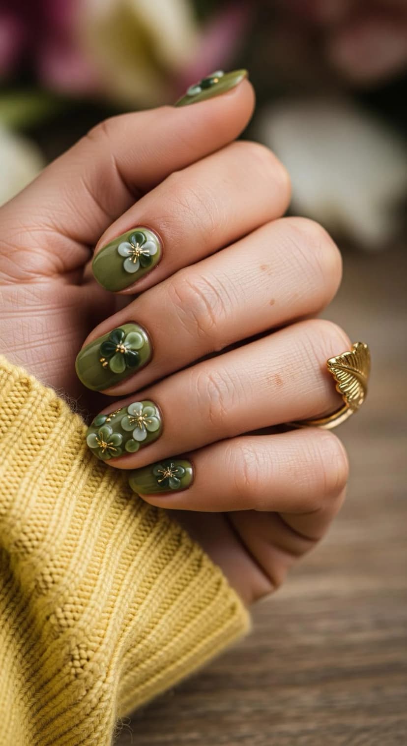 Olive Green Floral Embellished Nails + Yellow Ribbed Knit Sweater