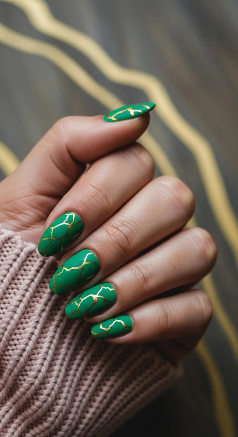 Matte Green Nails + Gold Cracked Design