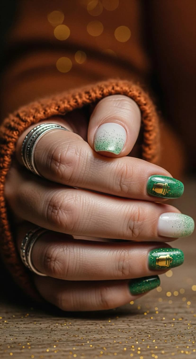 Green Glitter Ombre + Gold Pot of Gold Accent