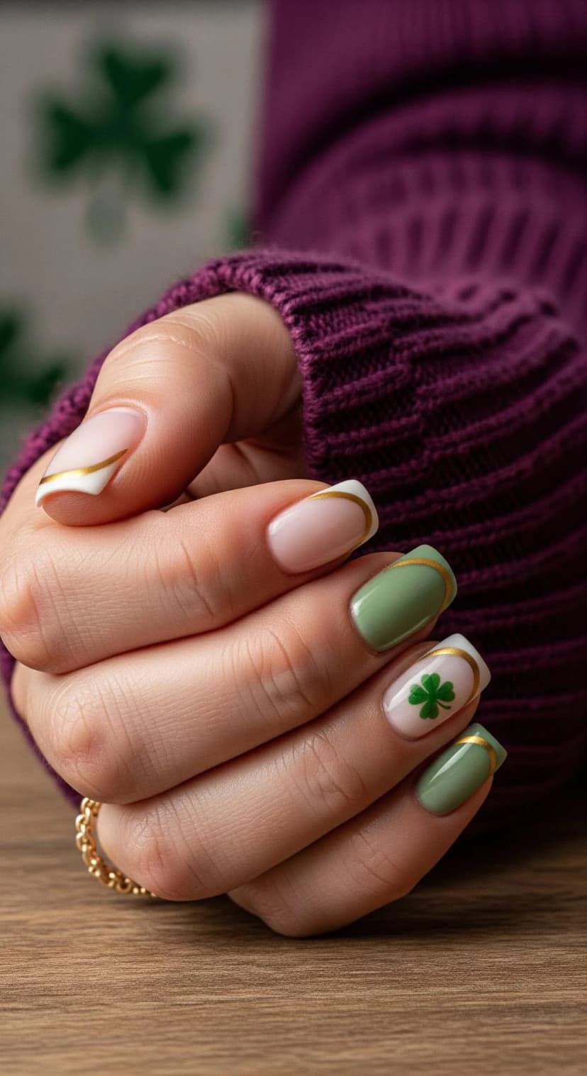 Nude French Tip + Sage Green French Tip + Gold Line Detail
