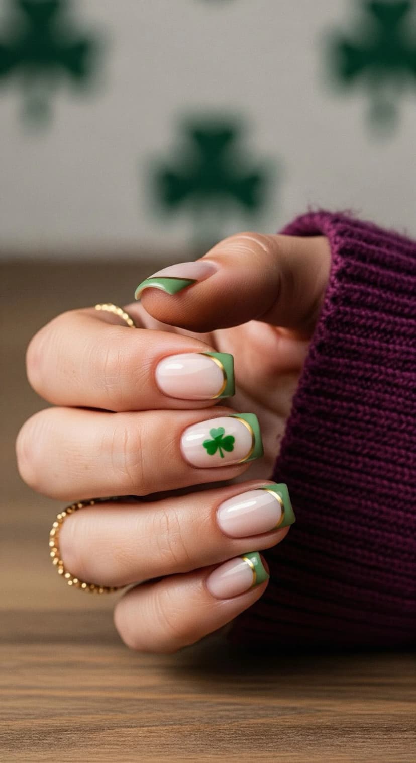 Nude French Tip + Sage Green French Tip + Gold Line Detail