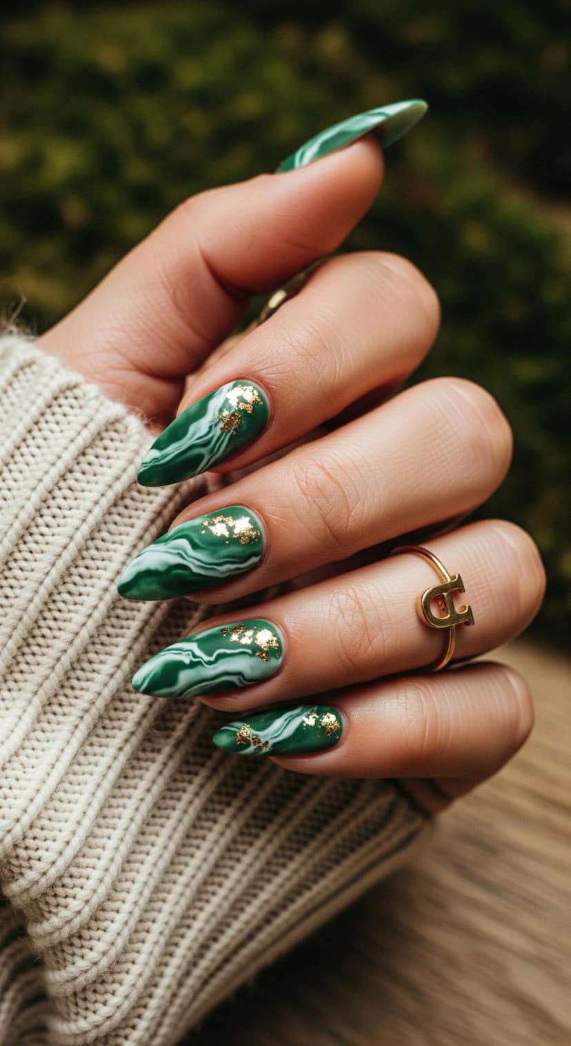 Emerald Swirl Nails + Gold Leaf Accents