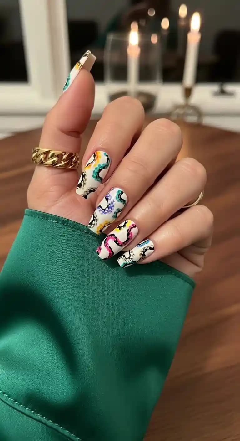 White Snakeskin French Tip + Abstract Swirl Accents