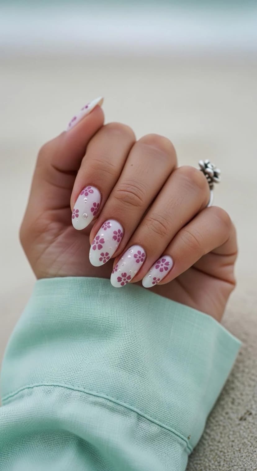 White Almond Nails with Pink Floral Design