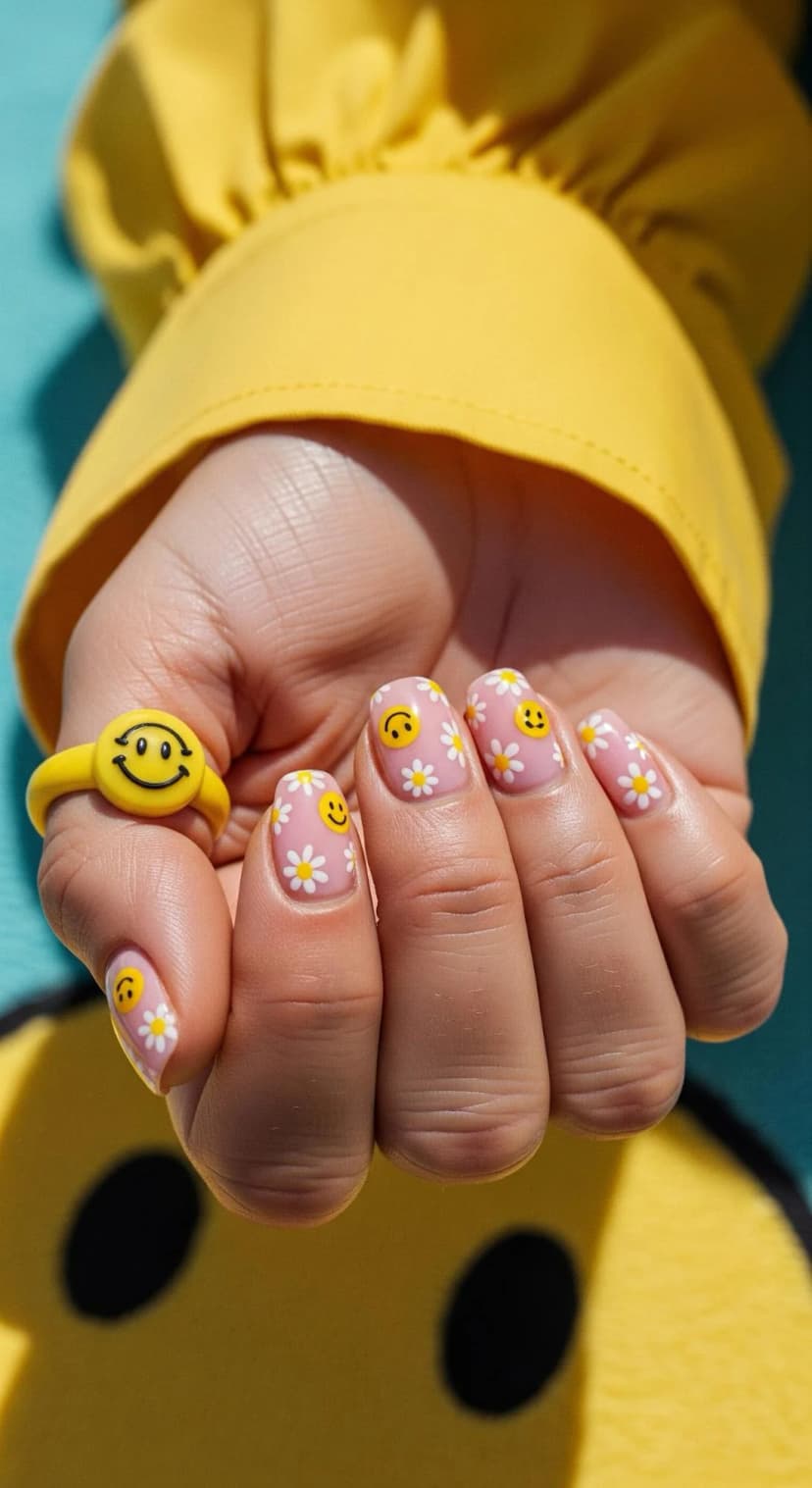 Pink Daisy & Smiley Face Nail Art