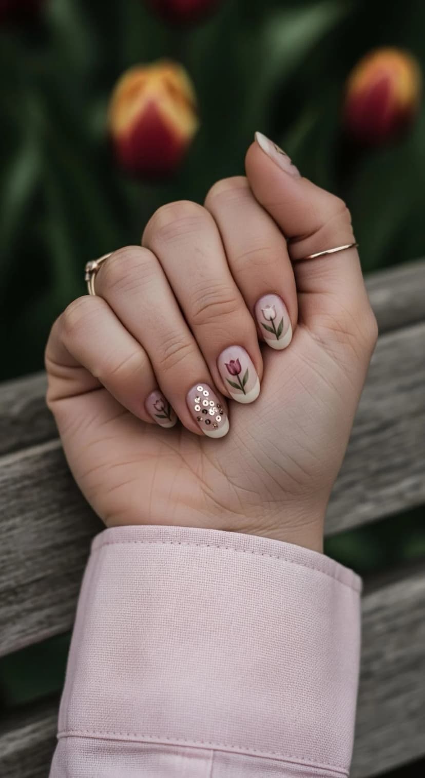 Tulip Nail Art with Soft Nude Base & Sparkly Accent