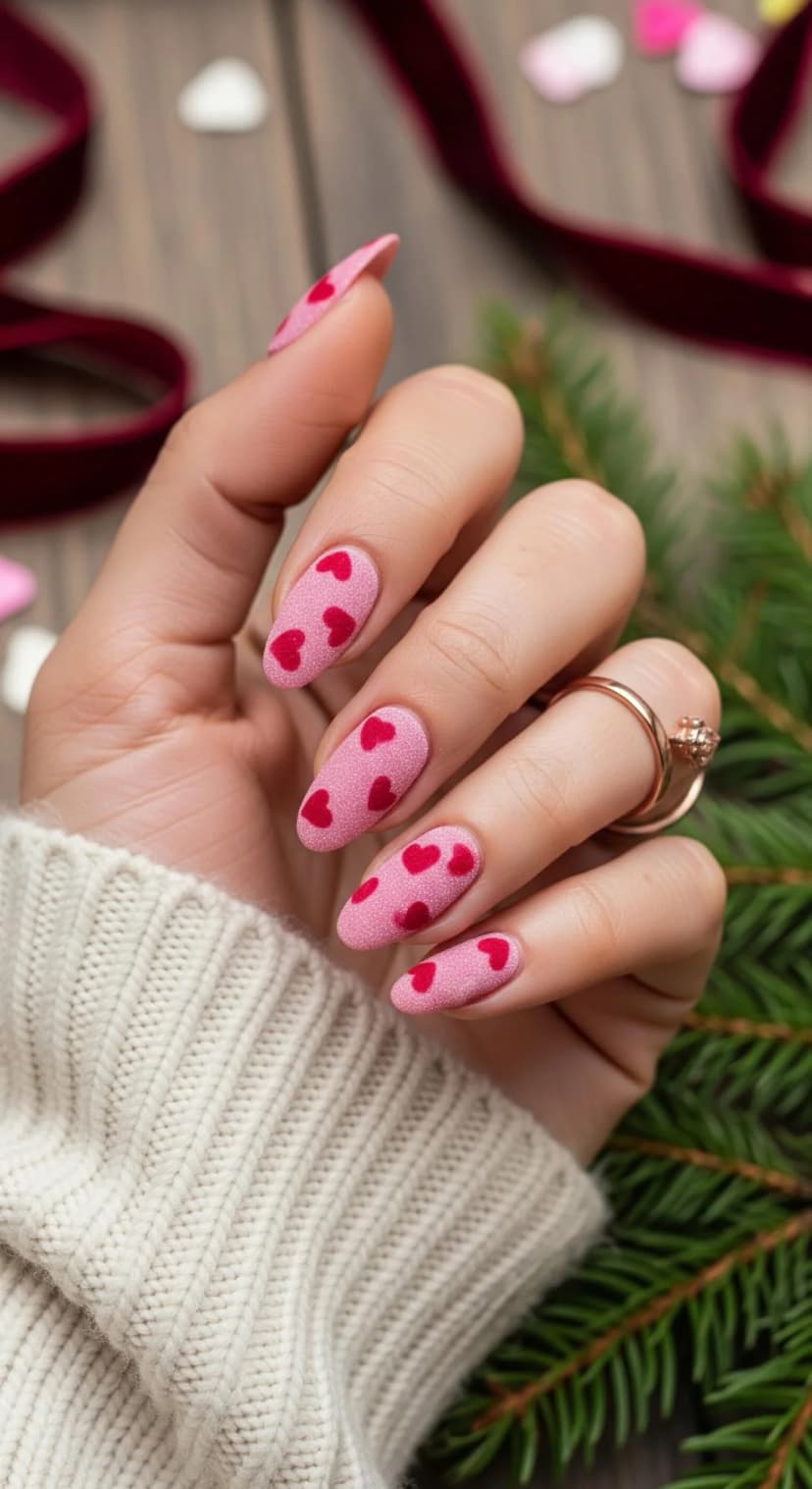 Pink Velvet Nails + Red Heart Accents