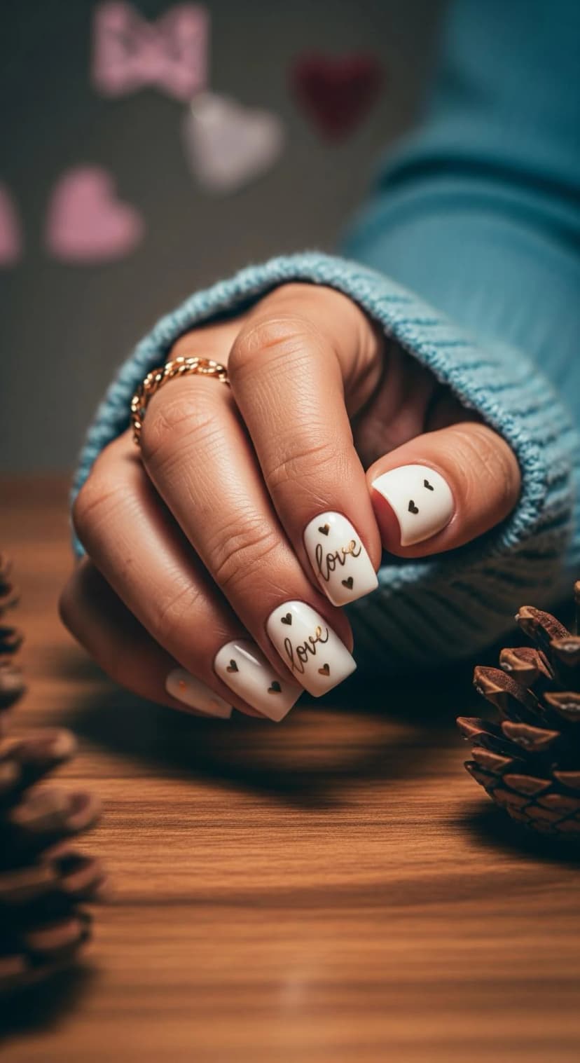 White Gel Nails + Gold Heart Decals