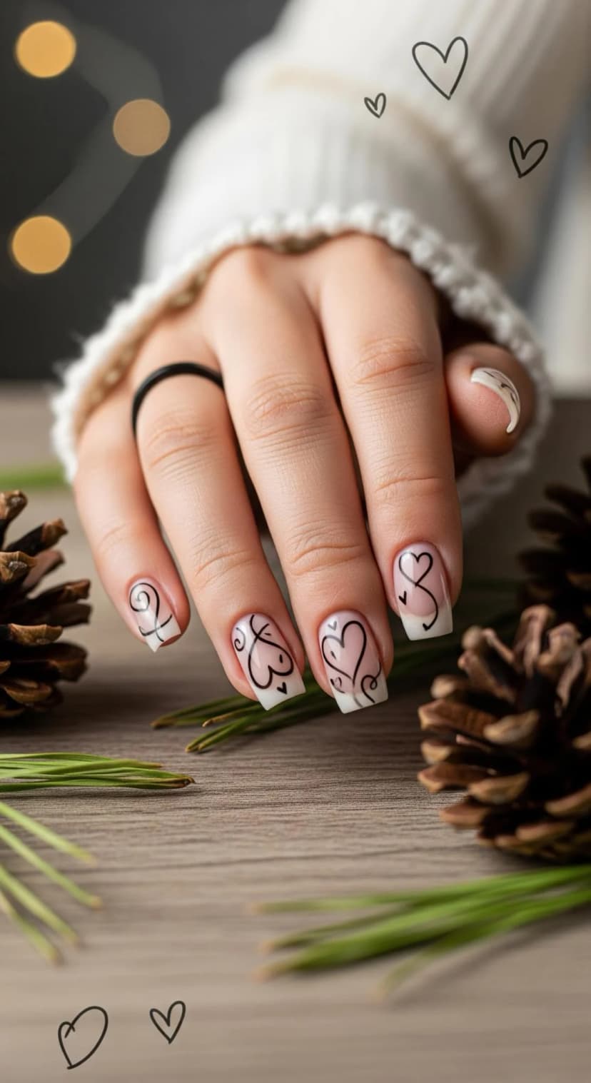 Nude Gel Manicure + Black Heart Decals