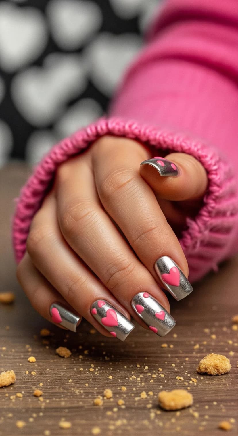 Silver Chrome Nails + Pink Hearts