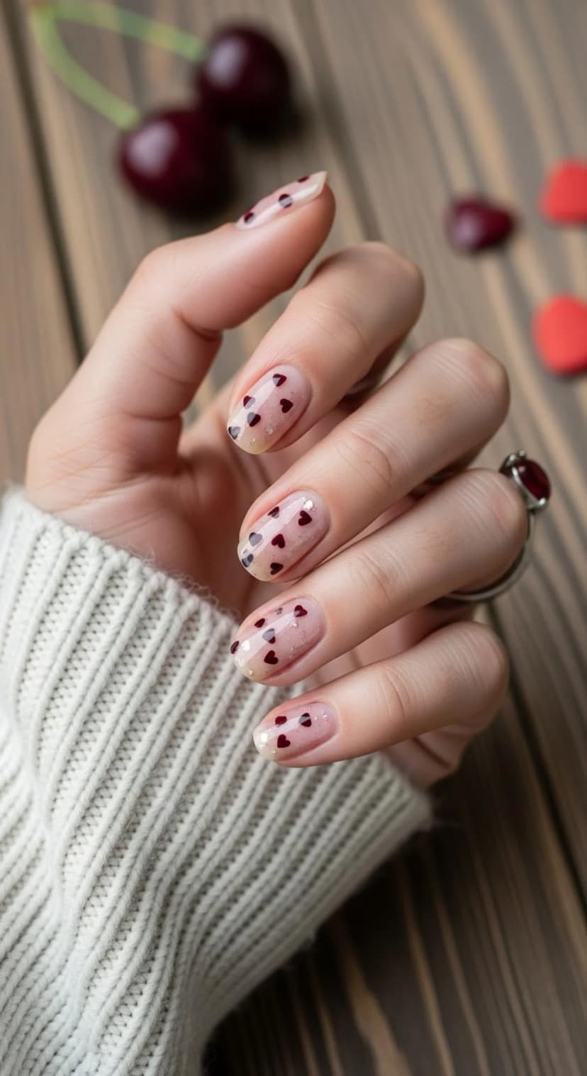 Sheer Pink Base + Burgundy Hearts