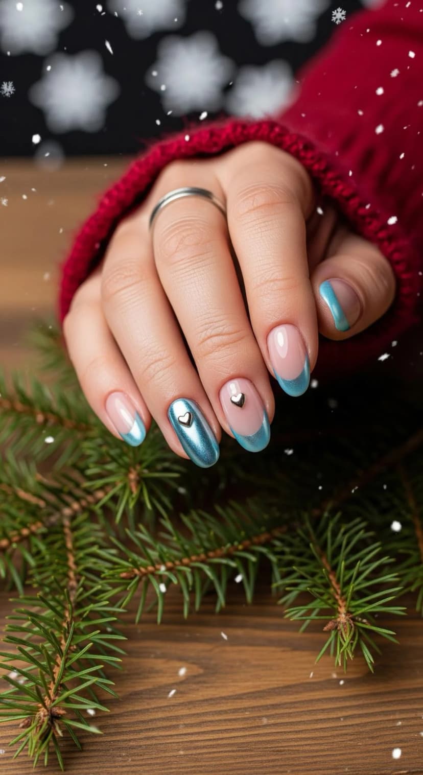 Baby Blue French Tips + Silver Heart Decals