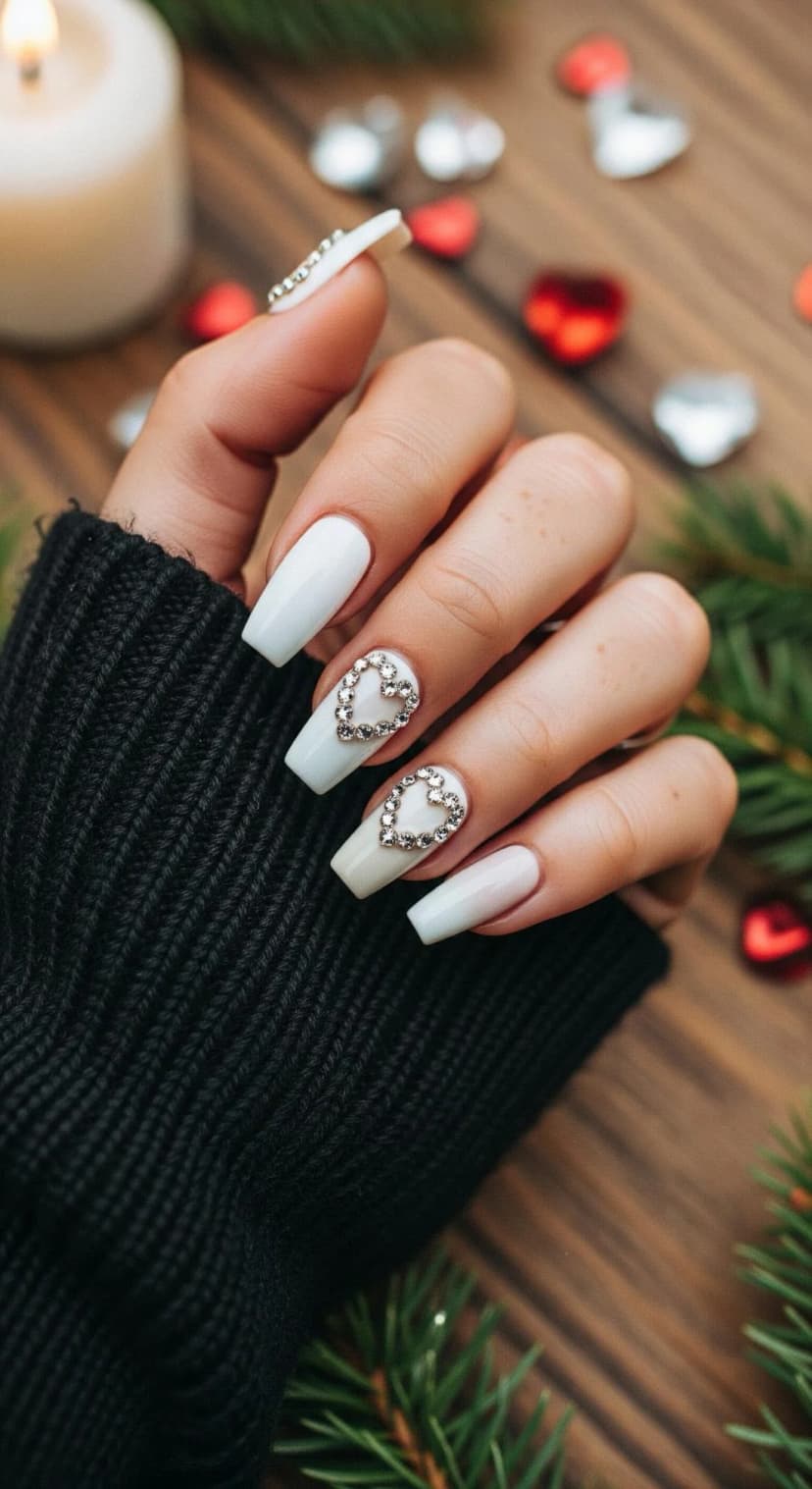 White Gel Manicure + Rhinestone Heart Embellishments