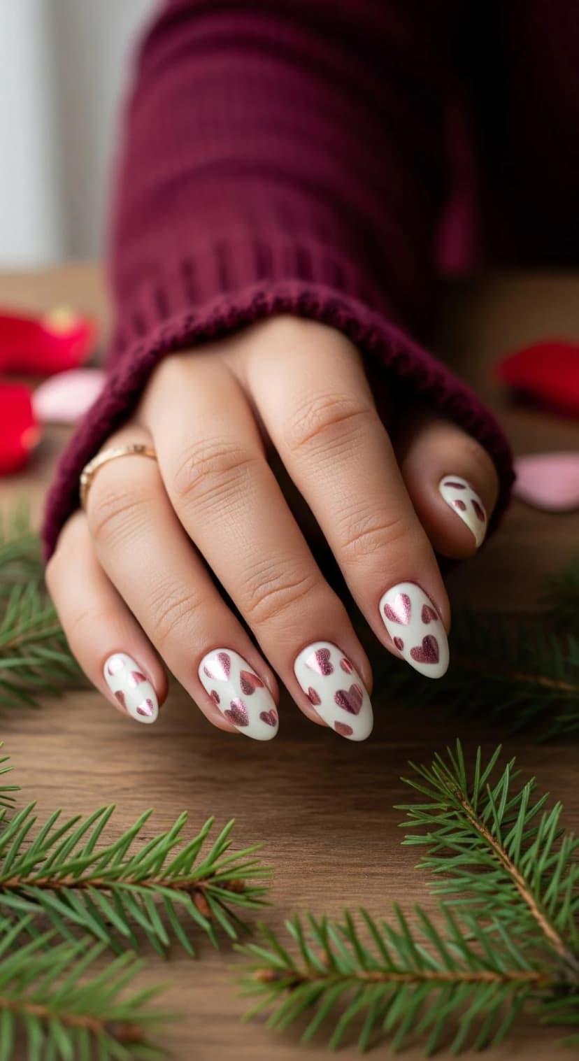 White Almond Nails + Rose Gold Hearts