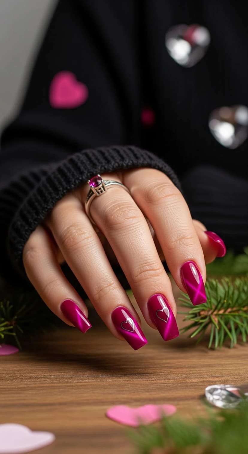 Magenta Cat Eye Coffin Nails + Silver Heart Accent