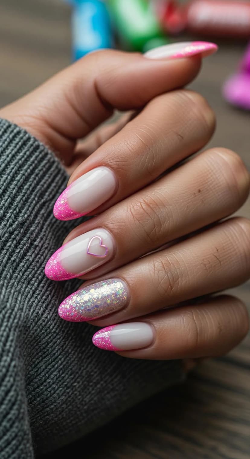 Pink Glitter French Tips + Holographic Glitter Accent Nail + Pink Heart Decal