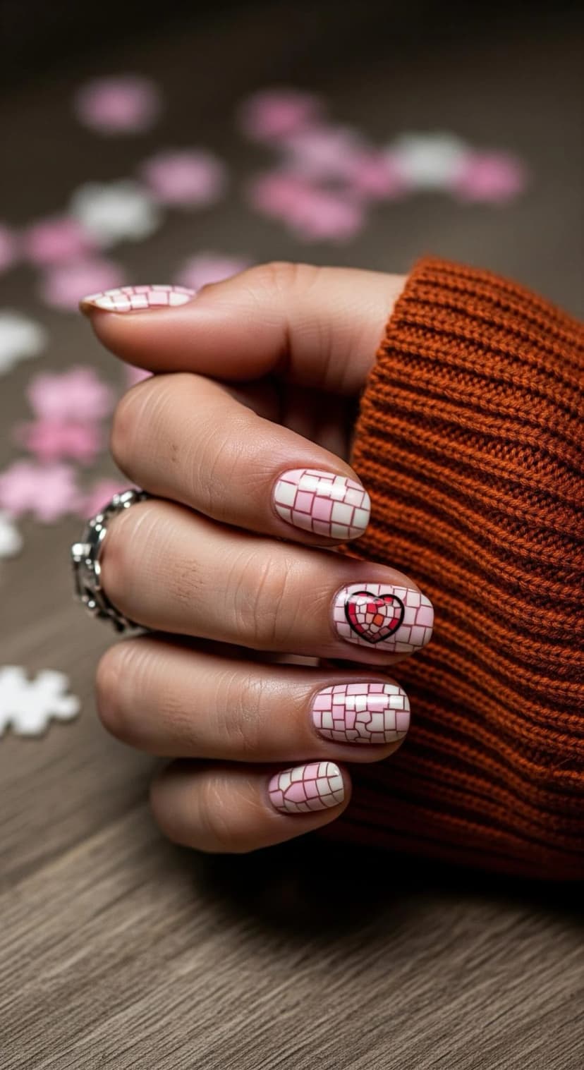White and Pink Mosaic Heart Nails + Orange Knit Sweater