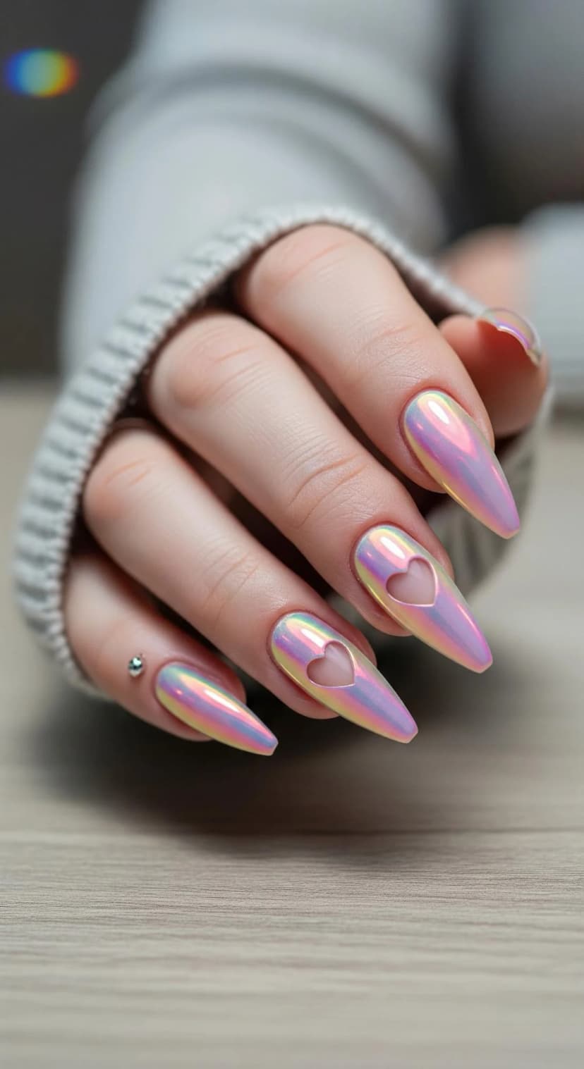 Iridescent Chrome Stiletto Nails with Heart Cut-Outs