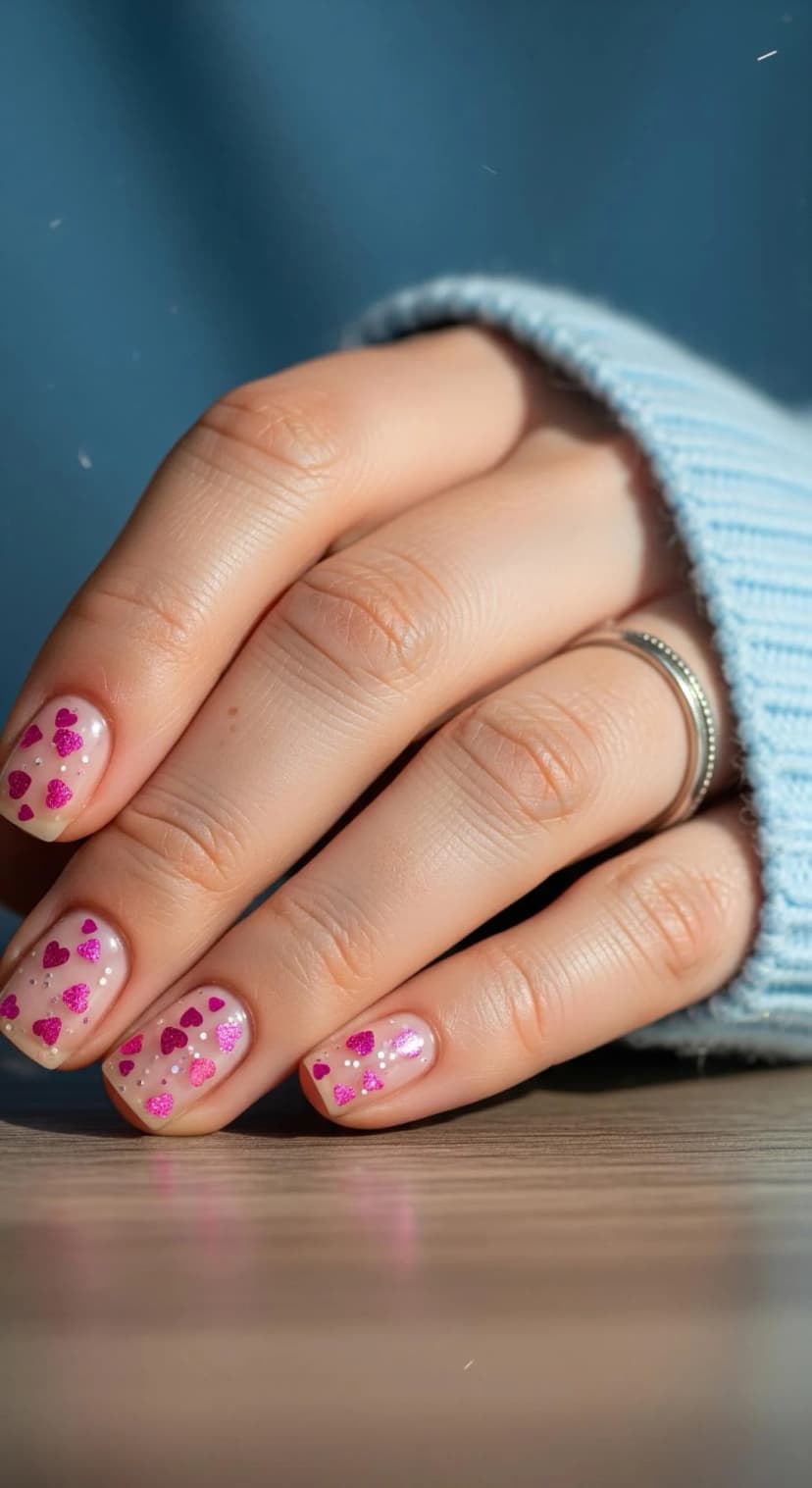 Clear Pink Heart Glitter Nails + Light Blue Knit Sweater