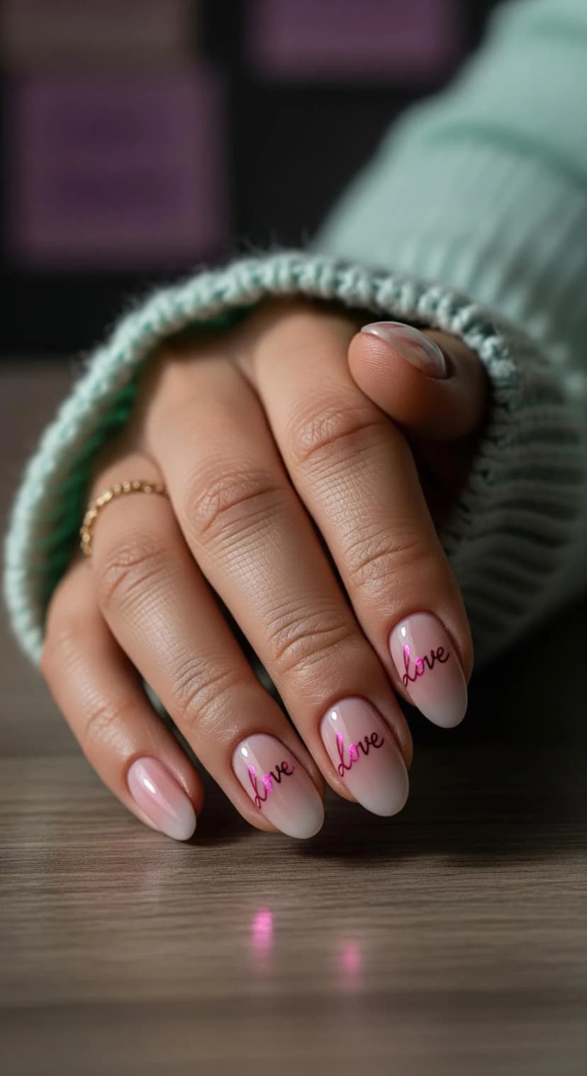 Pale Pink Ombre Nails with Pink "Love" Decals + Pink Glitter Accents