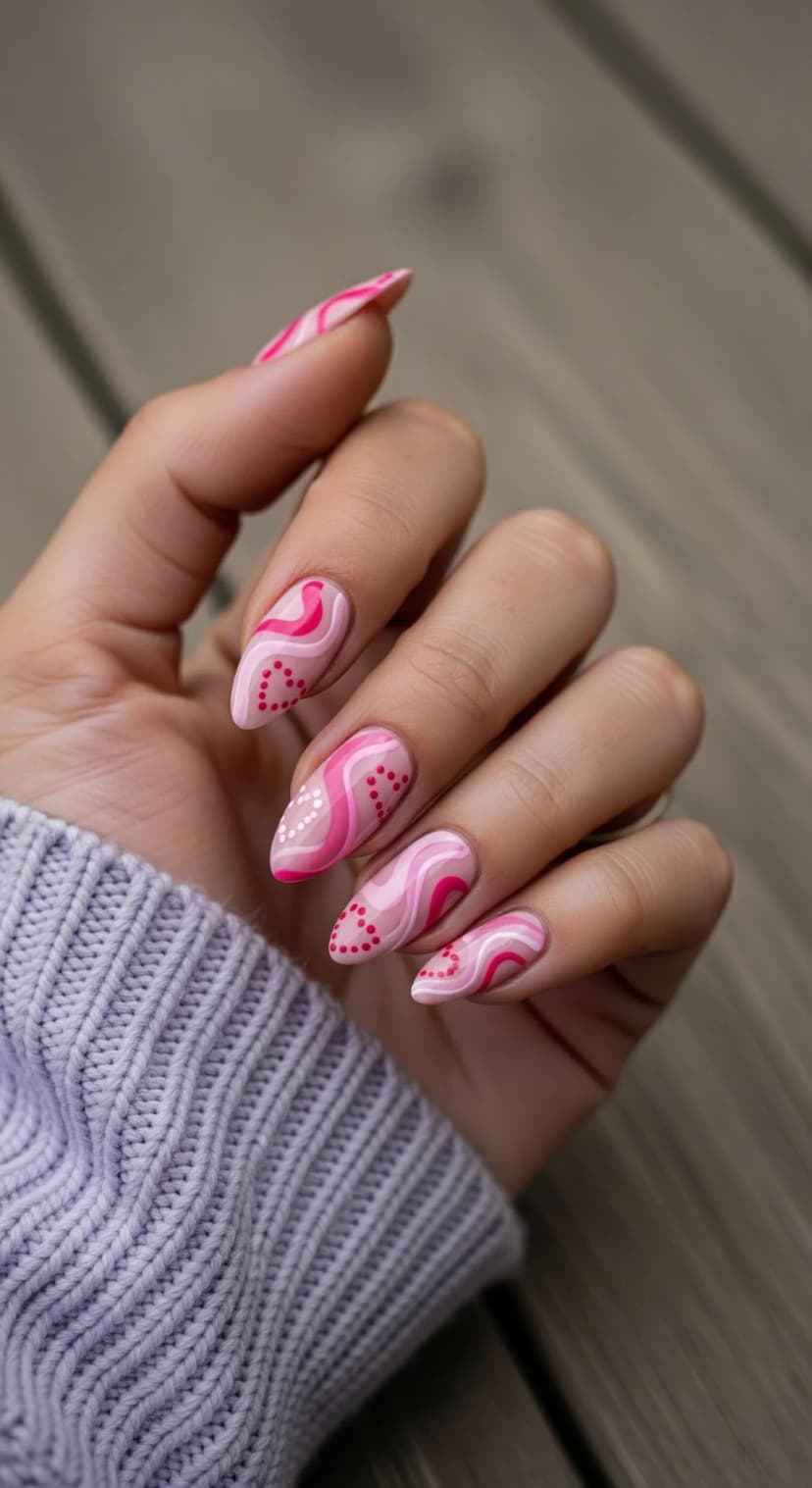 Pink Swirl Nails + Pink Dot Nails + Light Purple Cable Knit Sweater