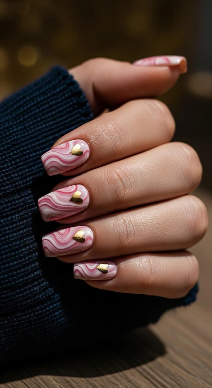 Pink Swirl Art Nails + Gold Heart Accents
