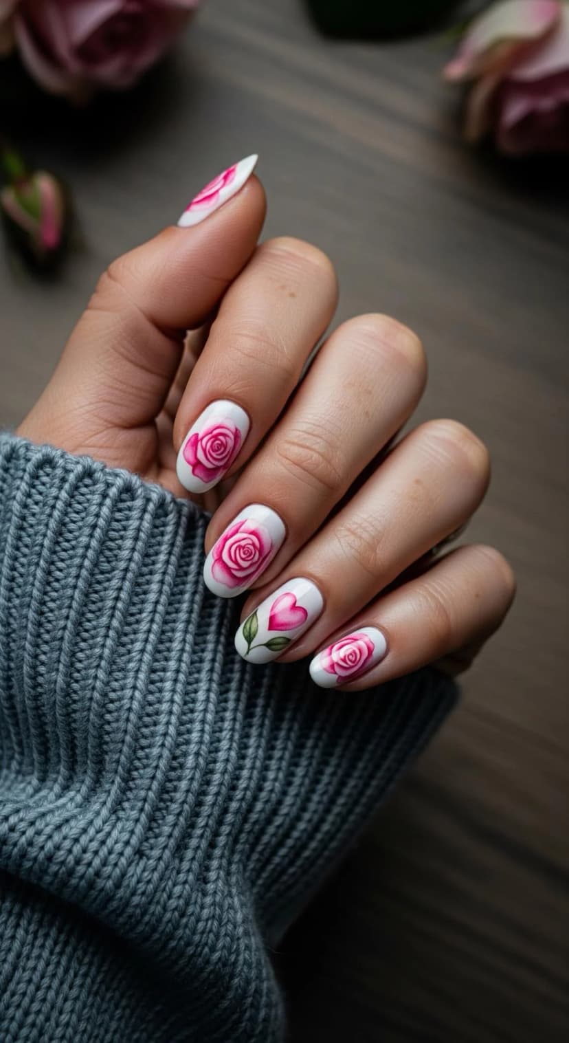 White Rose Nail Art + Pink Heart Nail Art