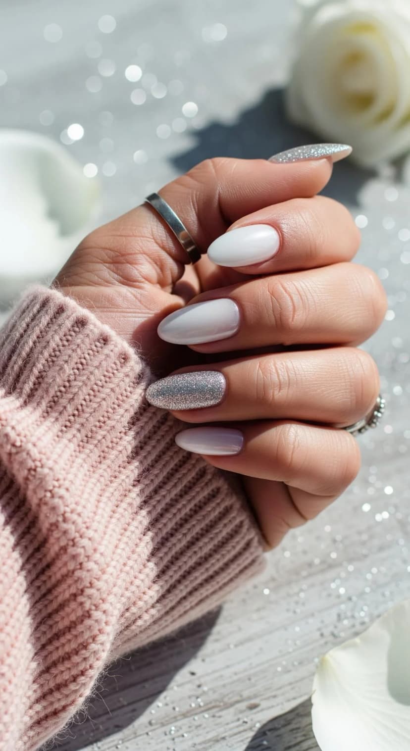 Pearlescent White Almond Nails + Silver Glitter Accent