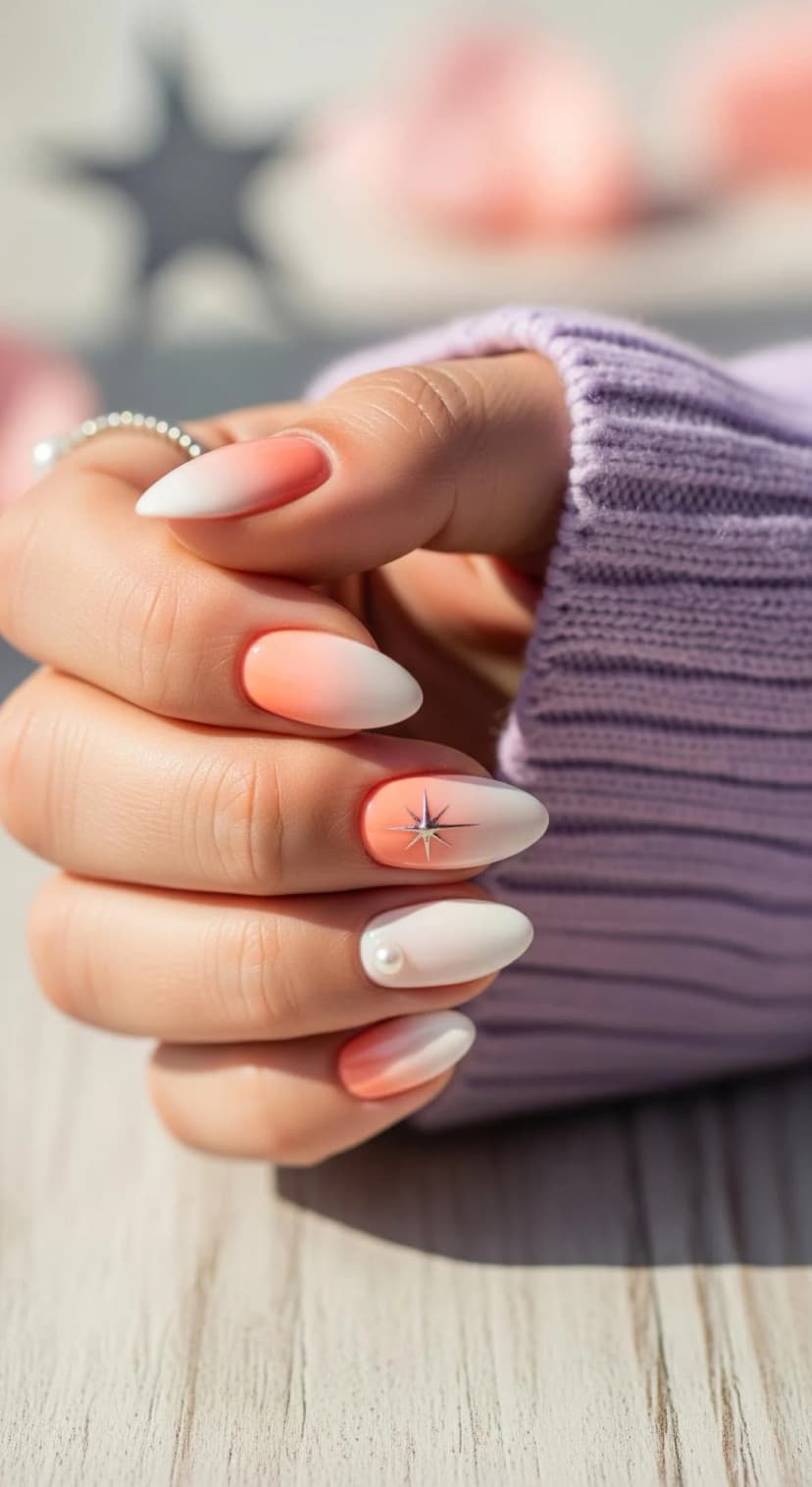 Coral and White Ombre Almond Nails + Starburst Charm