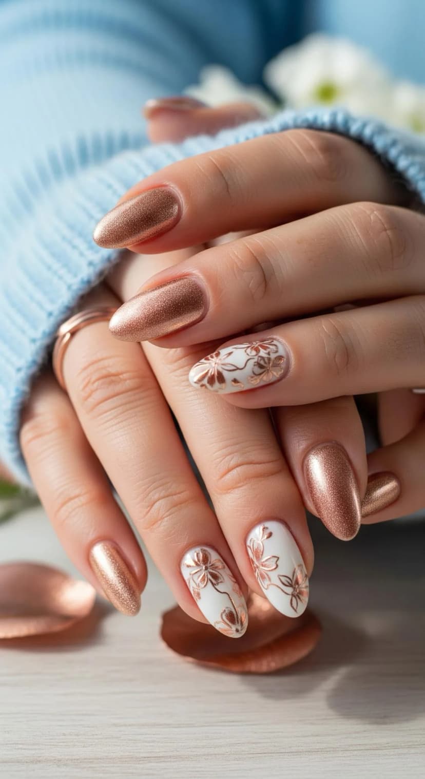 Rose Gold Glitter Oval Nails + White Floral Accent Nails