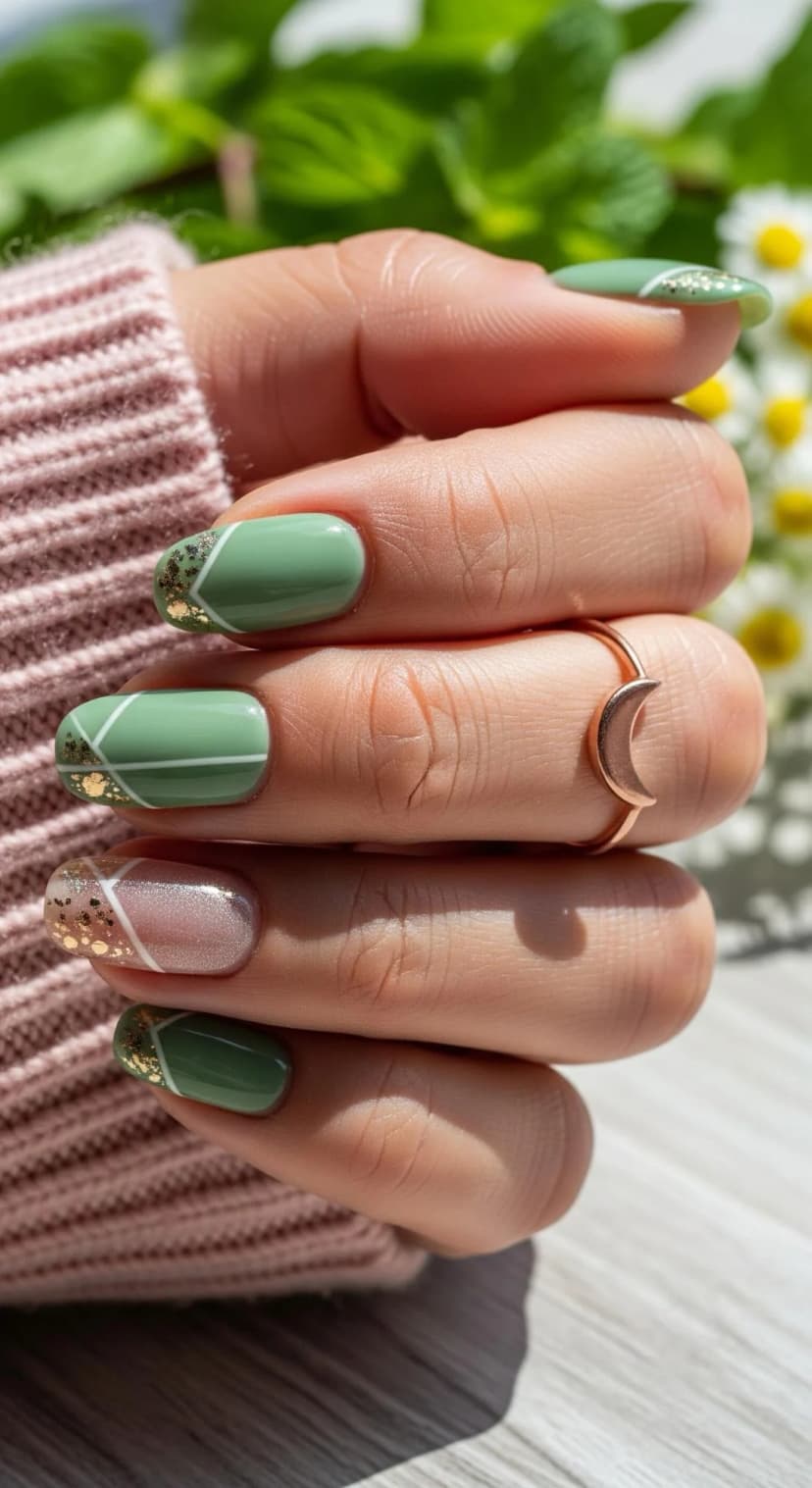 Sage Green Geometric French Tip + Gold Foil Accents