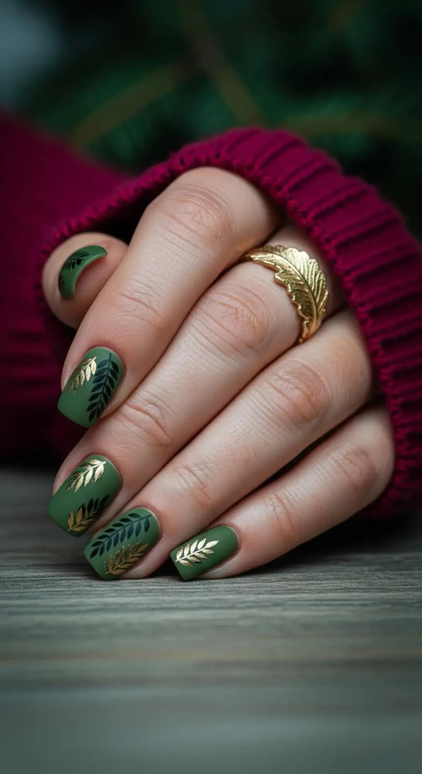 Olive Green Foliage Winter Nails