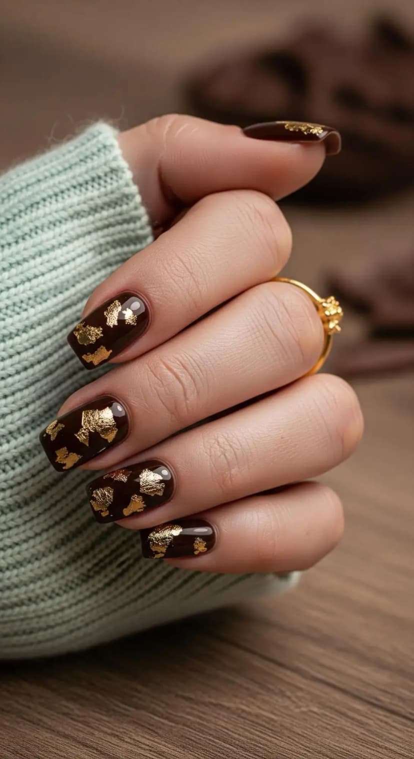 Dark Chocolate Gold Flakes Nails