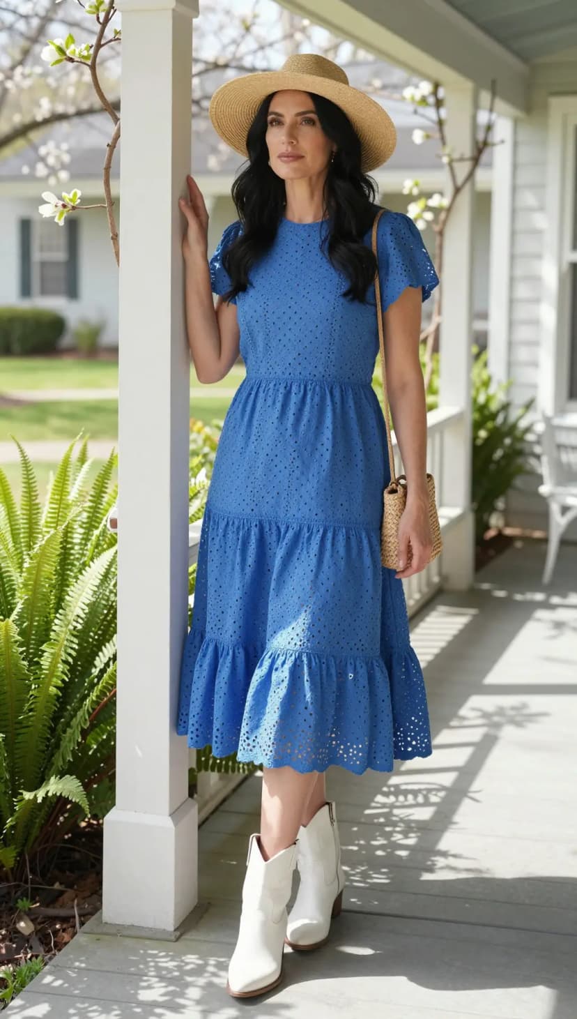 Royal Blue Eyelet Cotton Midi Dress + Natural Straw Wide-Brim Hat + White Leather Ankle Boots + Natural Woven Crossbody Bag