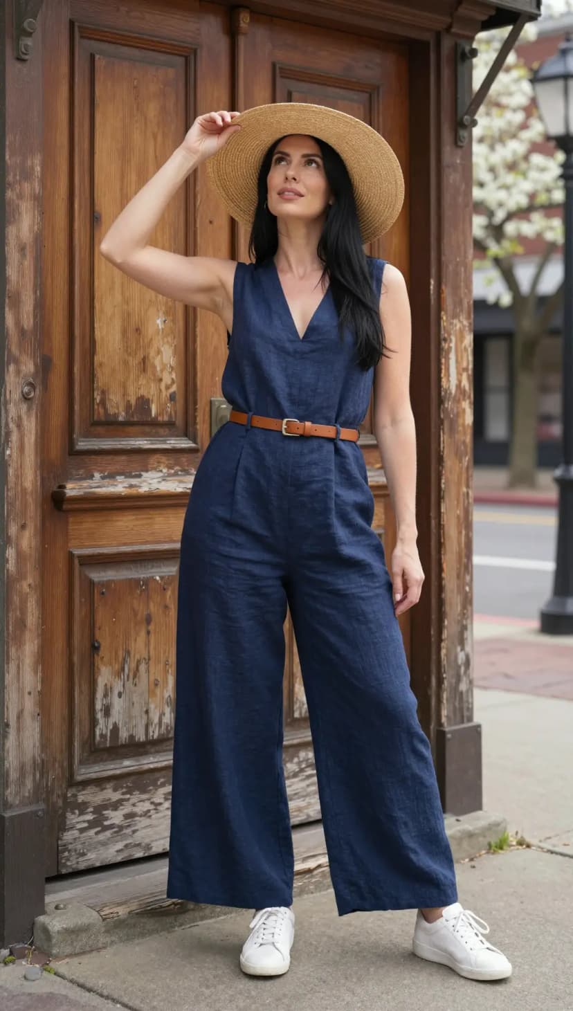 Navy Linen Sleeveless Jumpsuit + Brown Leather Belt + Straw Fedora Hat + White Leather Sneakers