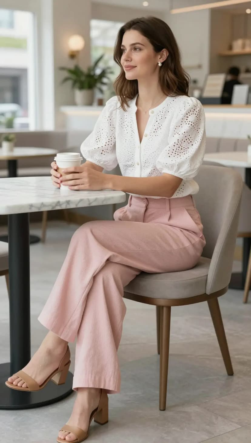 White Eyelet Cotton Puff Sleeve Blouse + Pink Linen Wide Leg Trousers + Tan Block Heel Sandals