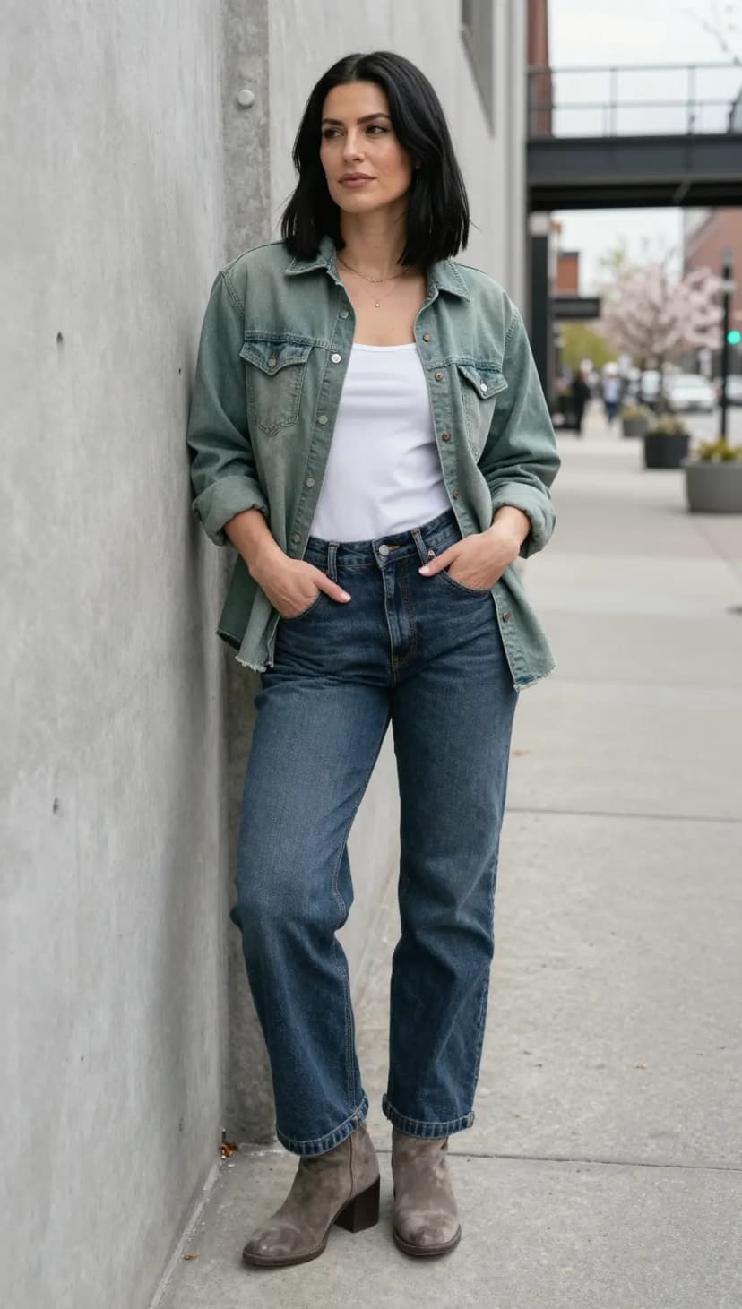 Sage Denim Shirt Jacket + White Cotton Tank Top + Dark Wash Straight Leg Jeans + Taupe Suede Ankle Boots