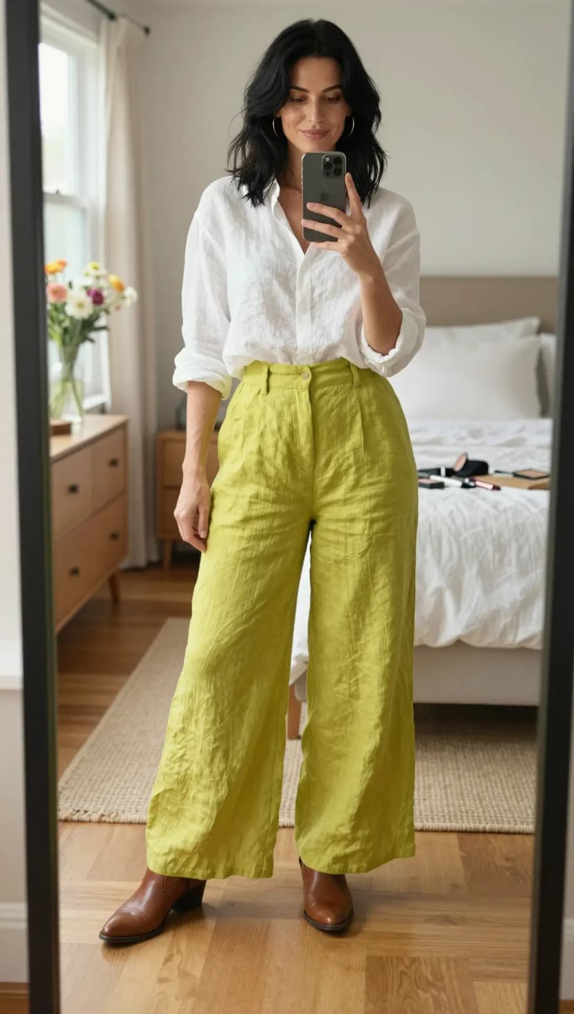White Linen Button-Up Shirt + Chartreuse Linen Wide-Leg Trousers + Brown Leather Ankle Boots