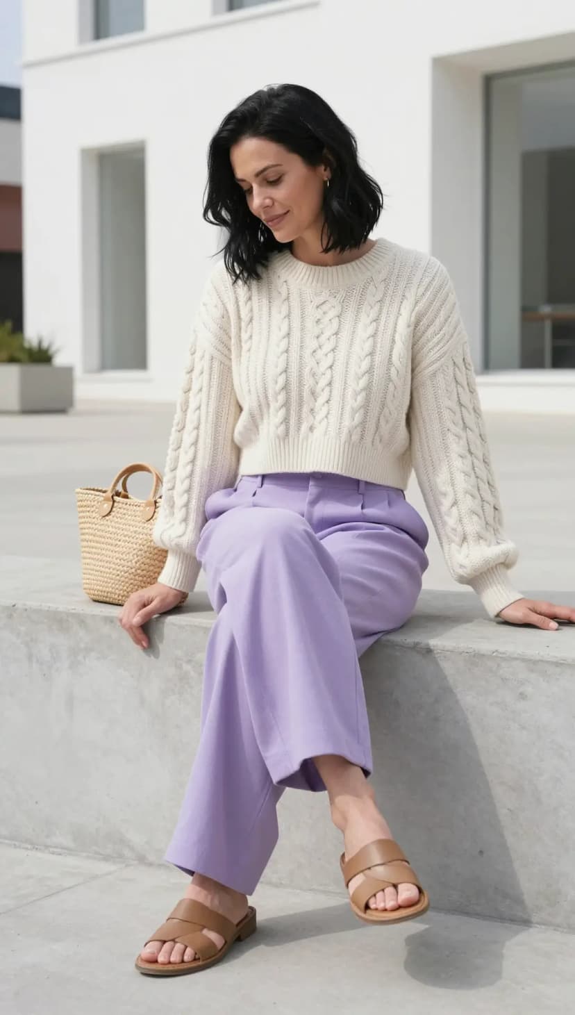 Cream Cable Knit Sweater + Lavender Linen Trousers + Tan Leather Slides