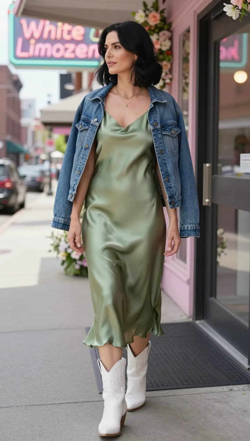 Sage Satin Slip Dress + Blue Denim Jacket + White Leather Cowboy Boots